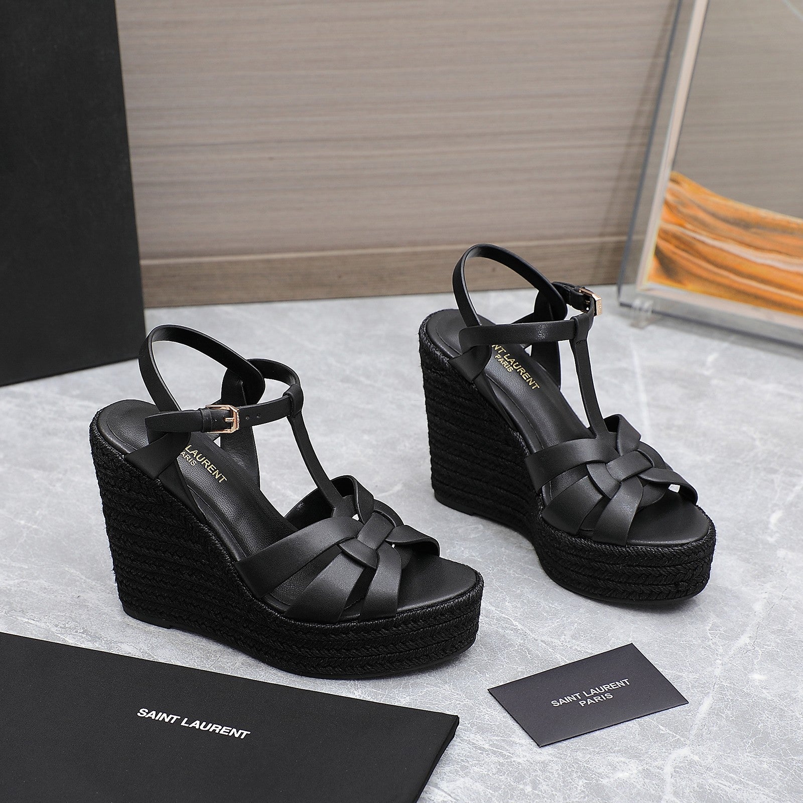YSL TRIBUTE ESPADRILLE WEDGE SANDALS 105MM IN BLACK CALFSKIN