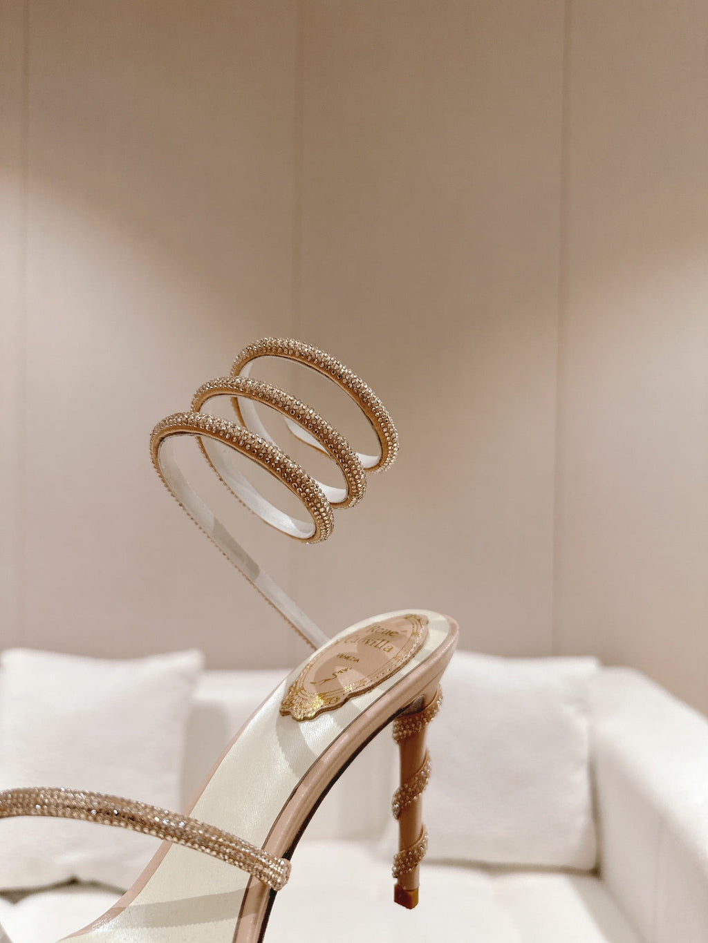 RENE CAOVILLA HIGH HEELS 95MM IN LIGHT PINK CRYSTAL STRAP