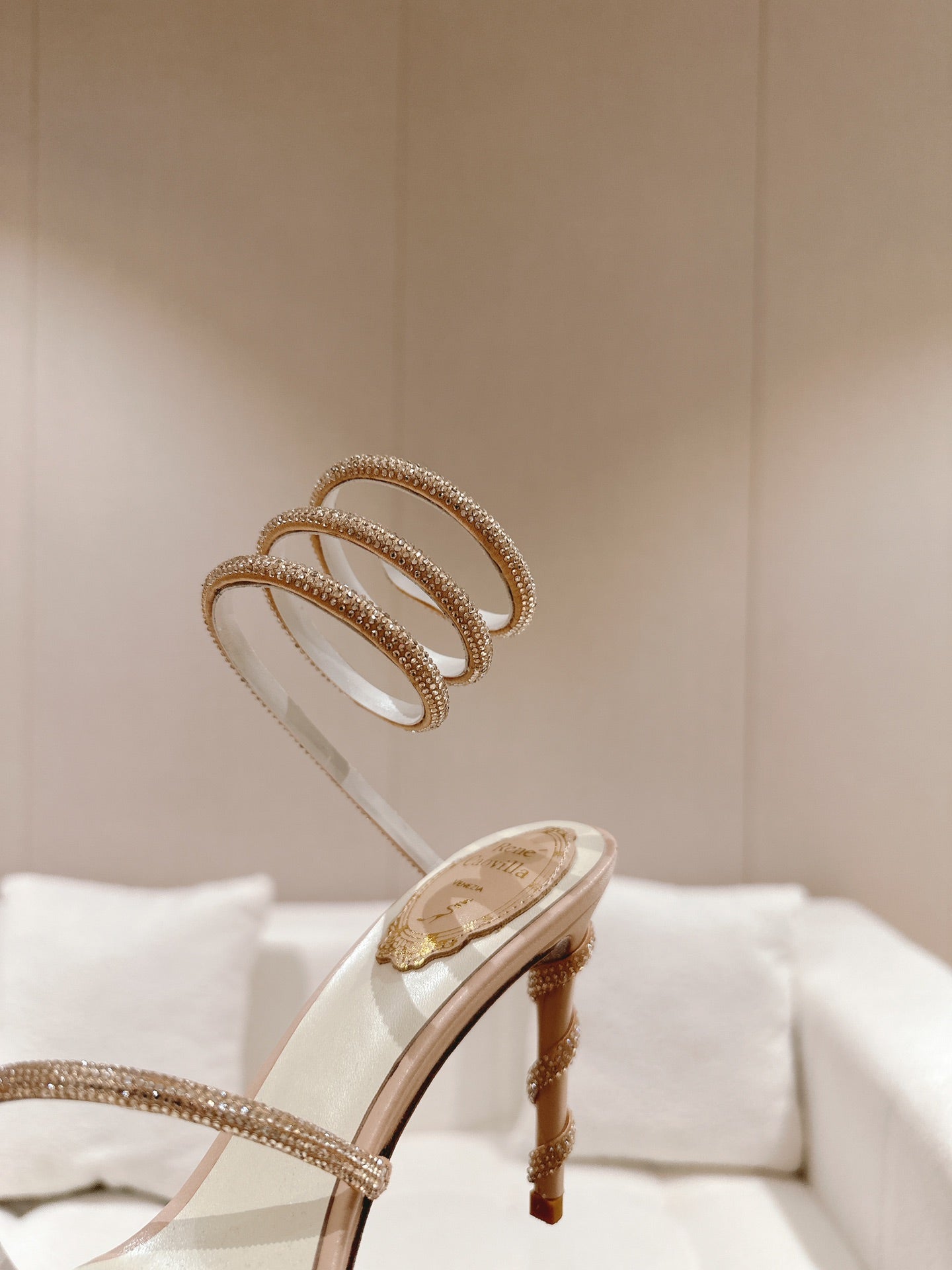RENE CAOVILLA HIGH HEELS 95MM IN LIGHT PINK CRYSTAL STRAP