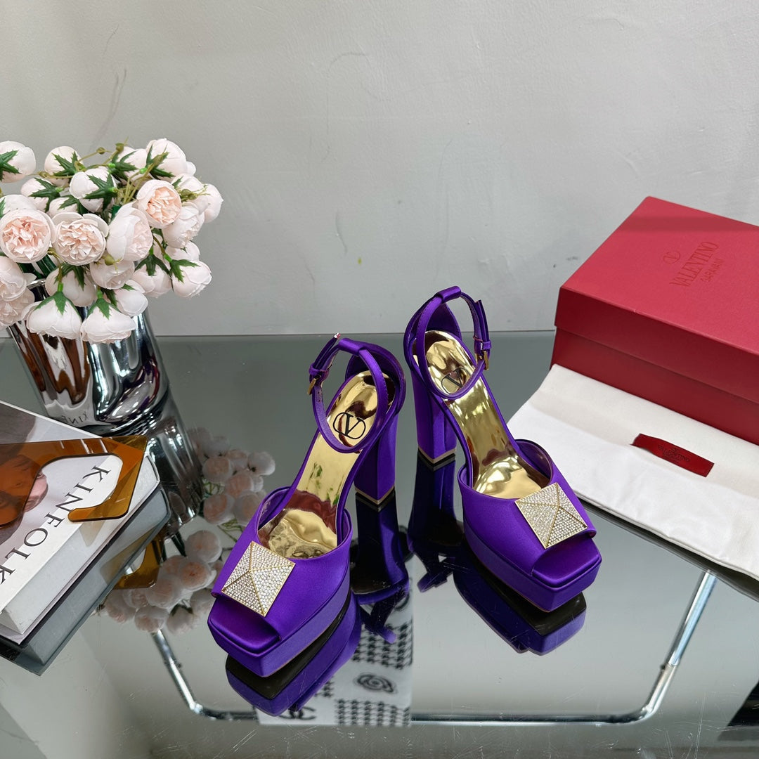 VALENTINO GARAVANI ONE STUD PLATFORM 155MM SANDAL IN PURPLE SATIN