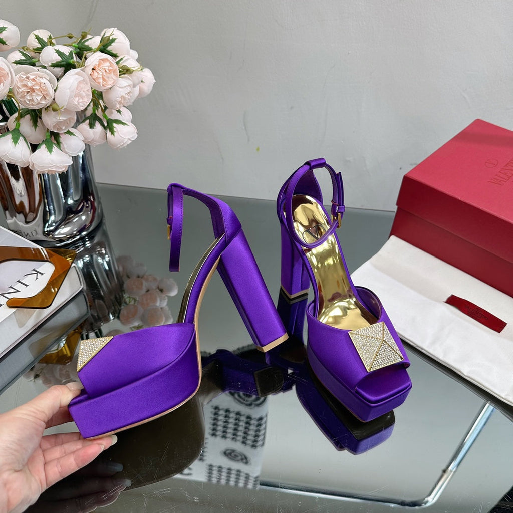 VALENTINO GARAVANI ONE STUD PLATFORM 155MM SANDAL IN PURPLE SATIN