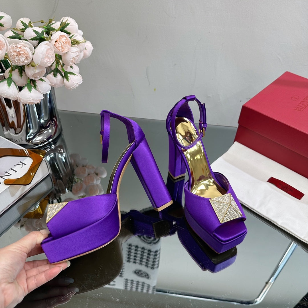 VALENTINO GARAVANI ONE STUD PLATFORM 155MM SANDAL IN PURPLE SATIN