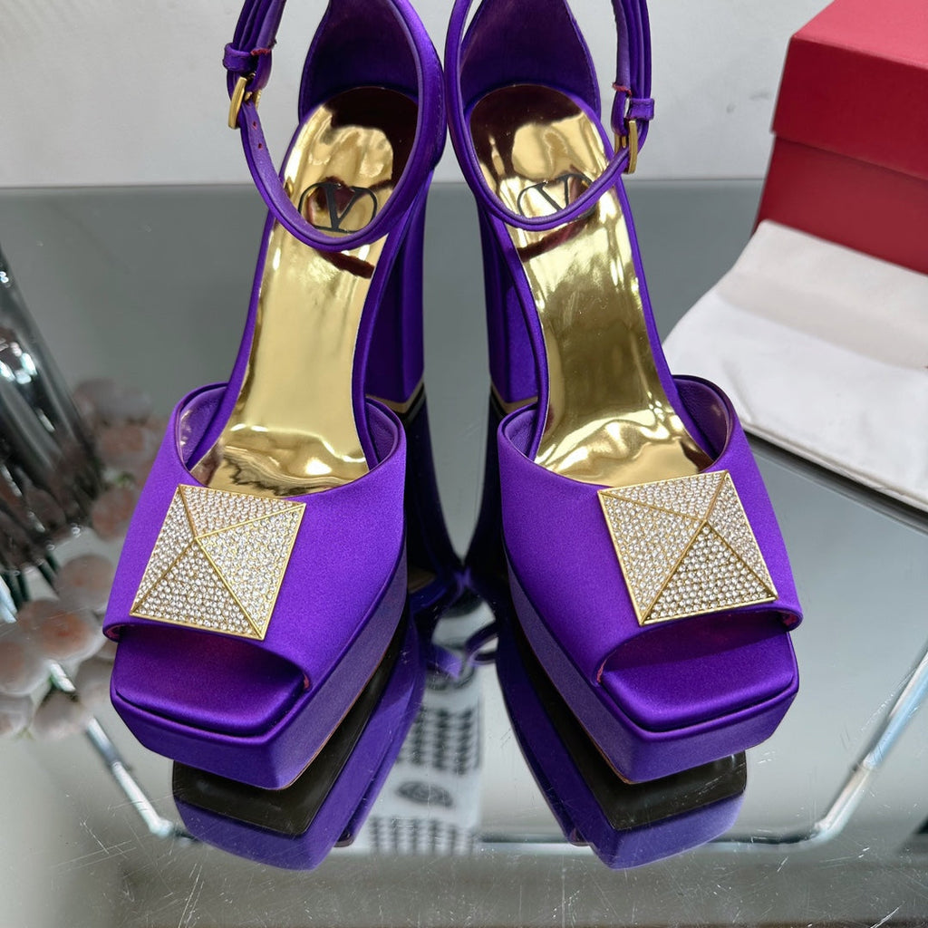 VALENTINO GARAVANI ONE STUD PLATFORM 155MM SANDAL IN PURPLE SATIN
