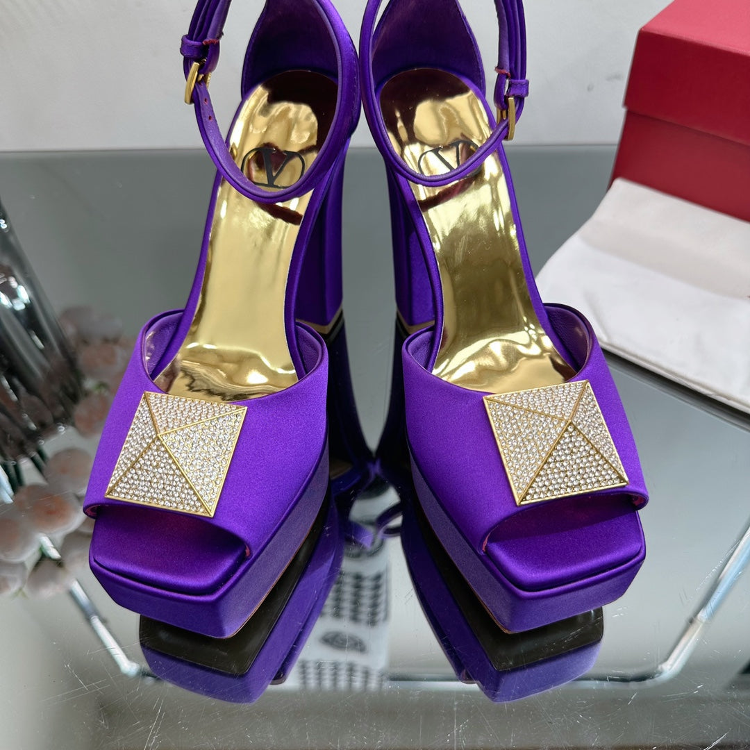 VALENTINO GARAVANI ONE STUD PLATFORM 155MM SANDAL IN PURPLE SATIN