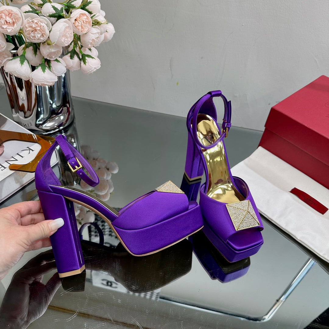 VALENTINO GARAVANI ONE STUD PLATFORM 155MM SANDAL IN PURPLE SATIN