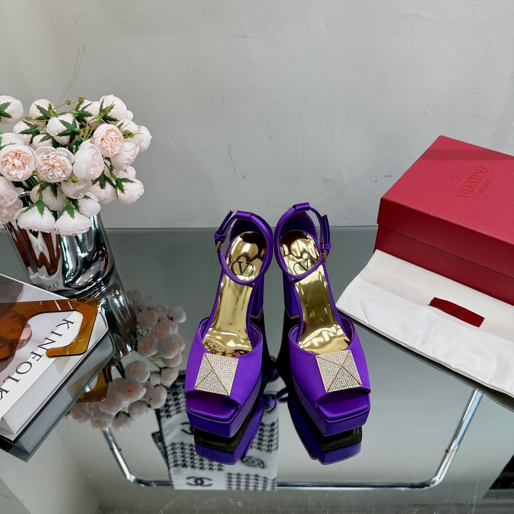 VALENTINO GARAVANI ONE STUD PLATFORM 155MM SANDAL IN PURPLE SATIN