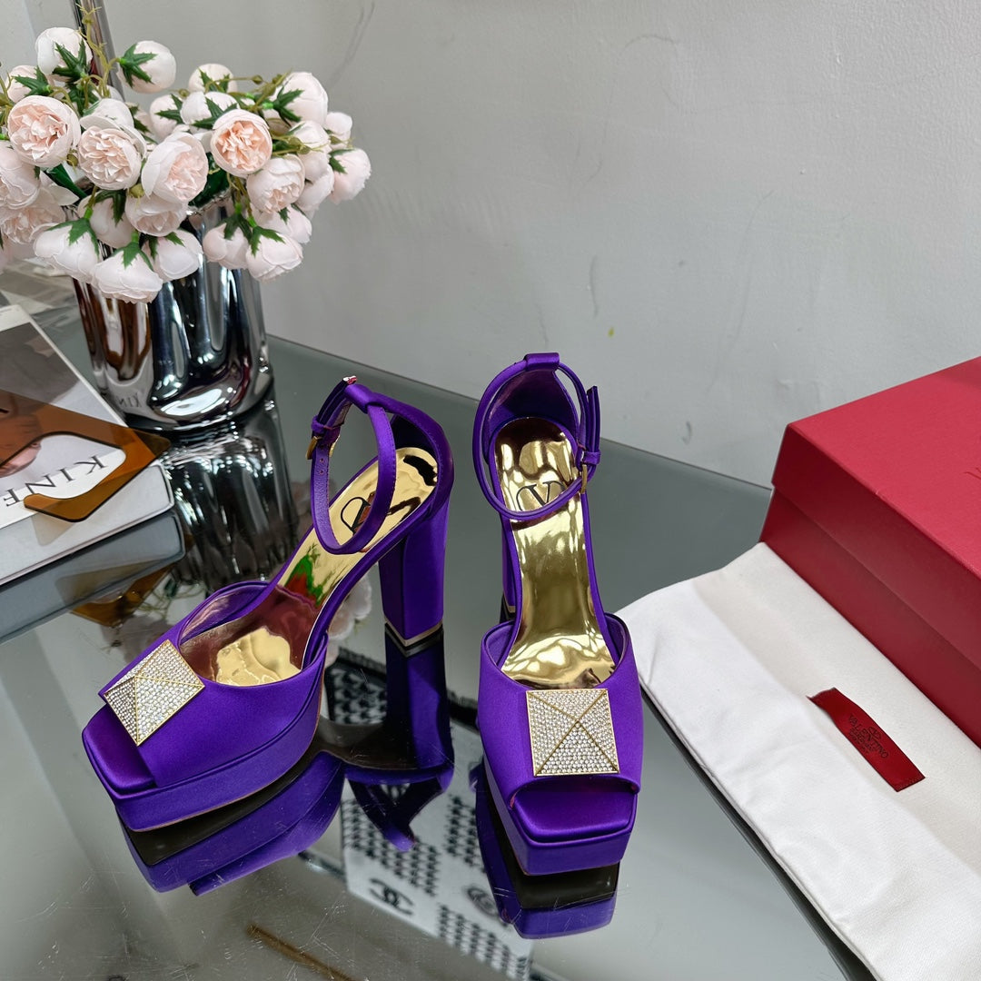 VALENTINO GARAVANI ONE STUD PLATFORM 155MM SANDAL IN PURPLE SATIN
