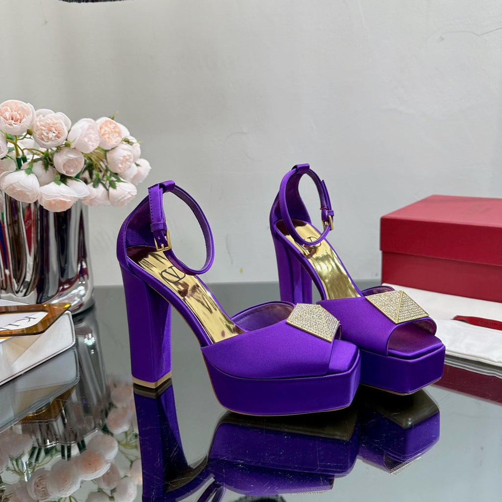 VALENTINO GARAVANI ONE STUD PLATFORM 155MM SANDAL IN PURPLE SATIN