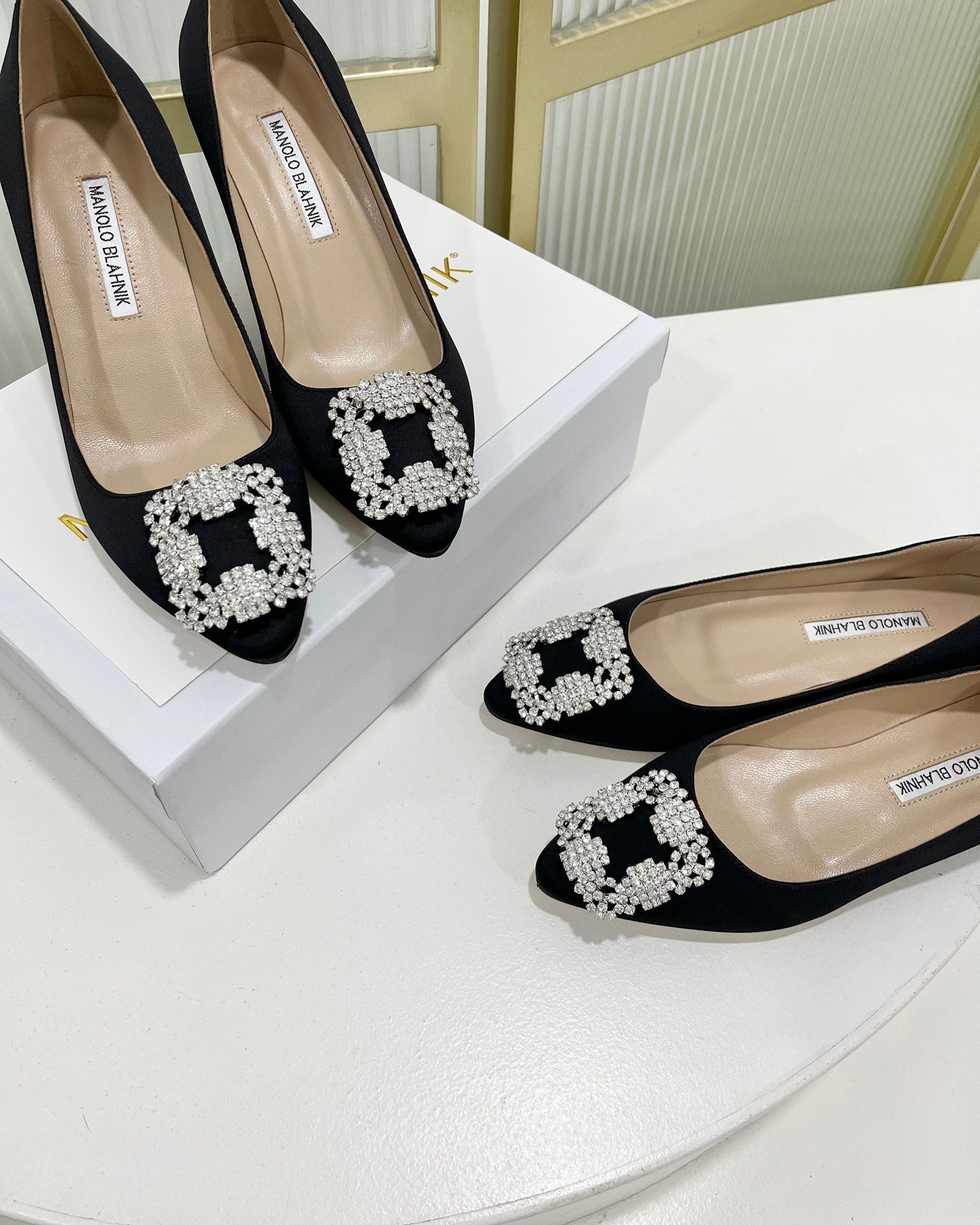 Manolo Hangisi Black Satin Jewel Buckle Pump 95