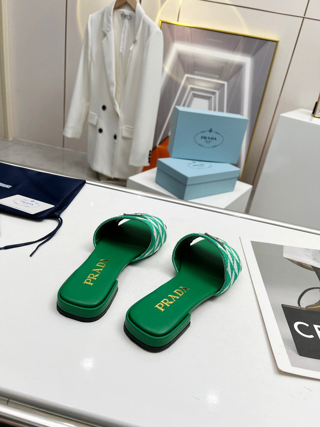 PRA EMBROIDERED SLIDES FLAT GREEN FABRIC