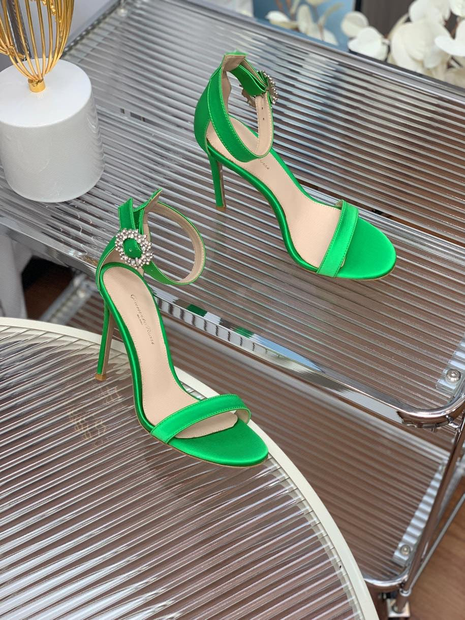 GIANVITO ROSSI 26S HIGH HEEL SANDALS 105 MM IN GREEN FABRIC WITH CRYSTAL BUCKLE