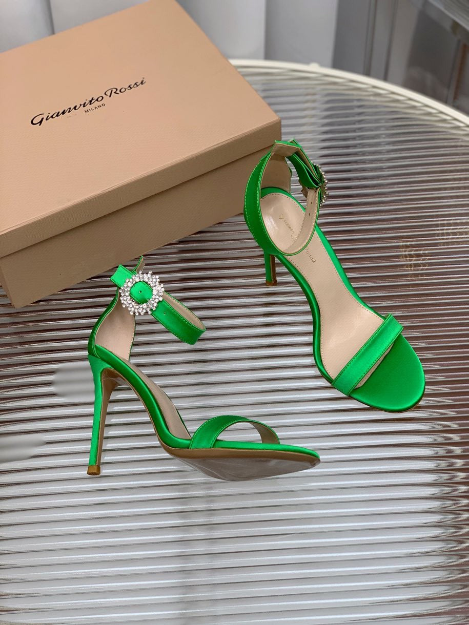 GIANVITO ROSSI 26S HIGH HEEL SANDALS 105 MM IN GREEN FABRIC WITH CRYSTAL BUCKLE