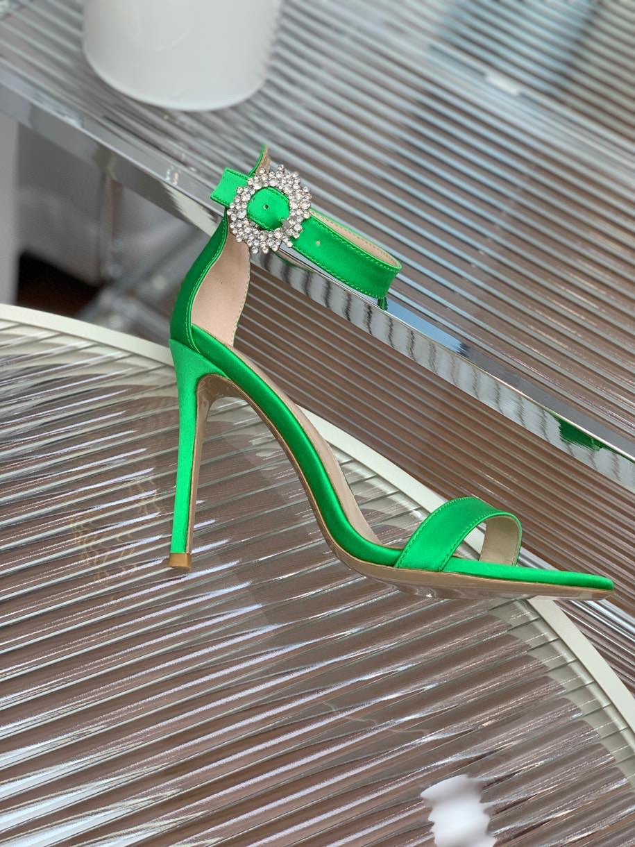 GIANVITO ROSSI 26S HIGH HEEL SANDALS 105 MM IN GREEN FABRIC WITH CRYSTAL BUCKLE