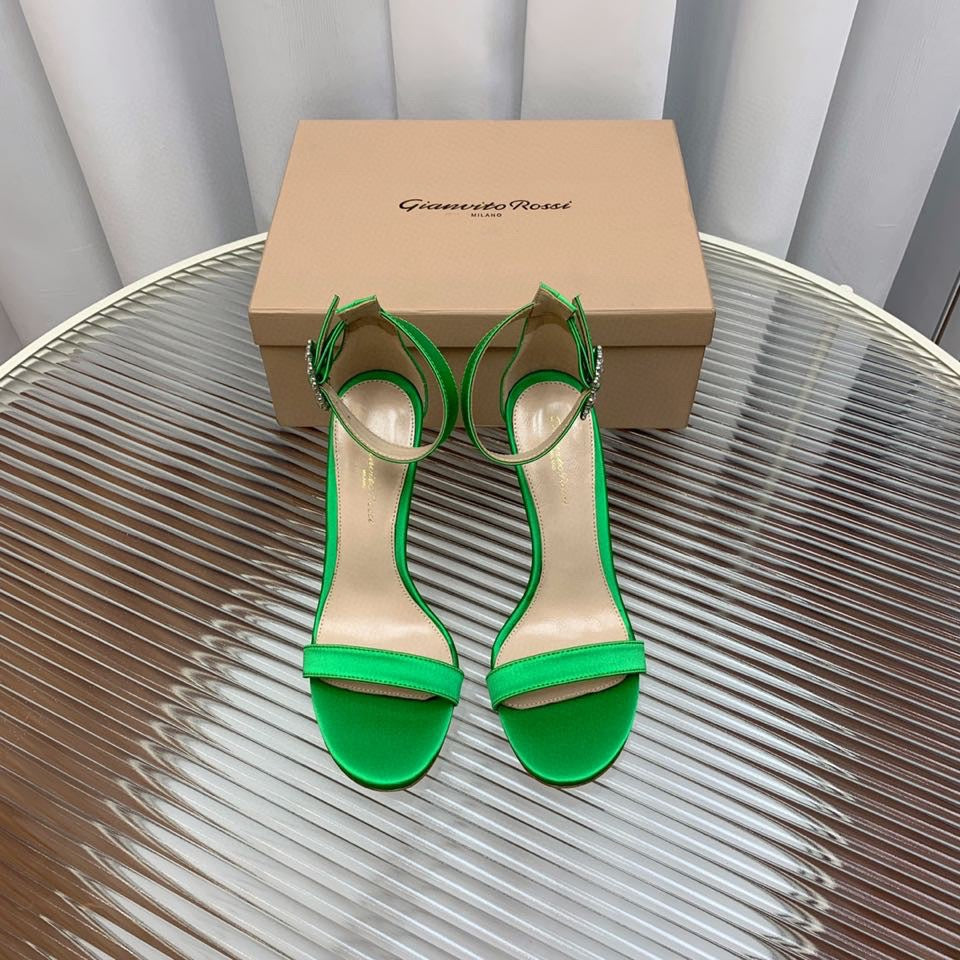 GIANVITO ROSSI 26S HIGH HEEL SANDALS 105 MM IN GREEN FABRIC WITH CRYSTAL BUCKLE