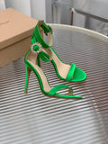 GIANVITO ROSSI 26S HIGH HEEL SANDALS 105 MM IN GREEN FABRIC WITH CRYSTAL BUCKLE