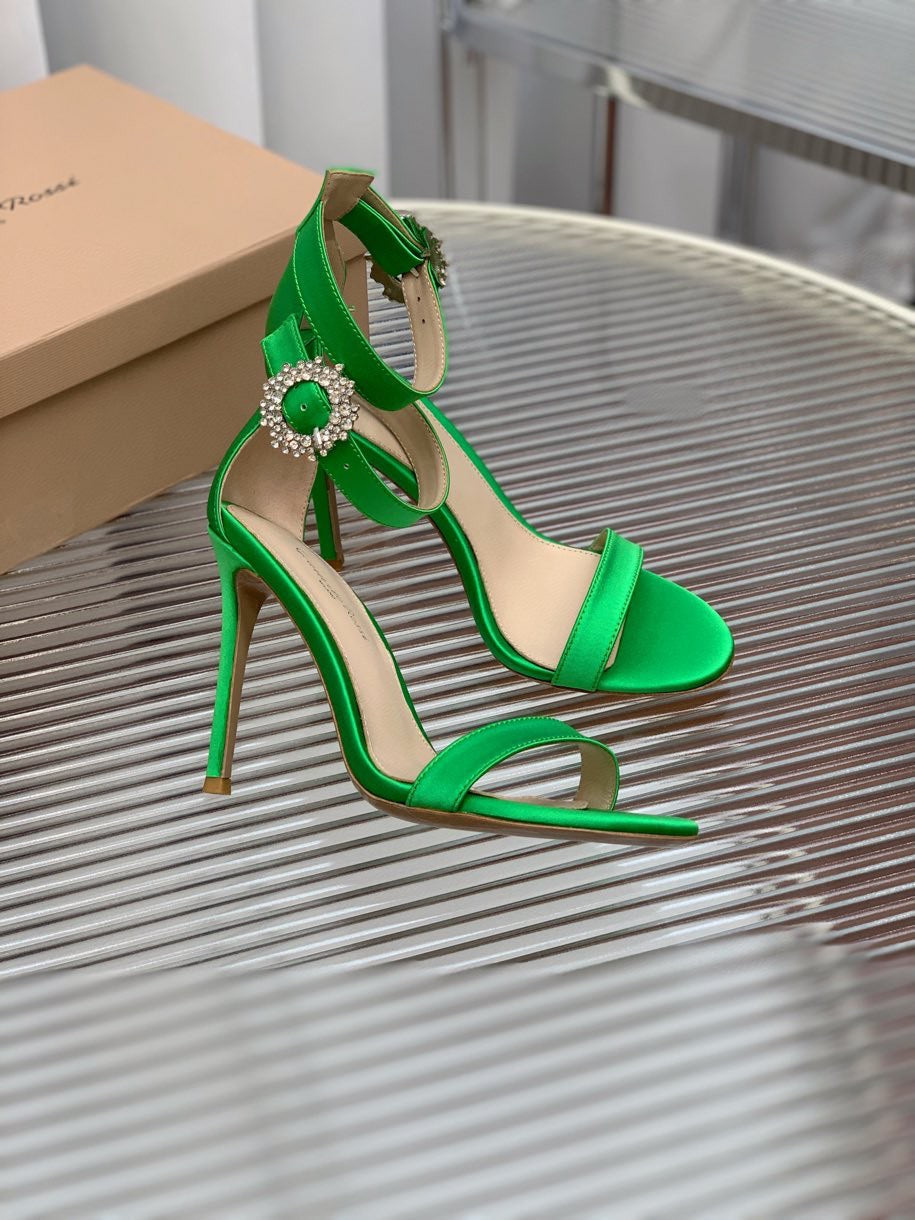 GIANVITO ROSSI 26S HIGH HEEL SANDALS 105 MM IN GREEN FABRIC WITH CRYSTAL BUCKLE
