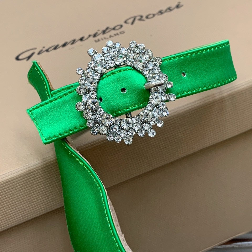 GIANVITO ROSSI 26S HIGH HEEL SANDALS 105 MM IN GREEN FABRIC WITH CRYSTAL BUCKLE