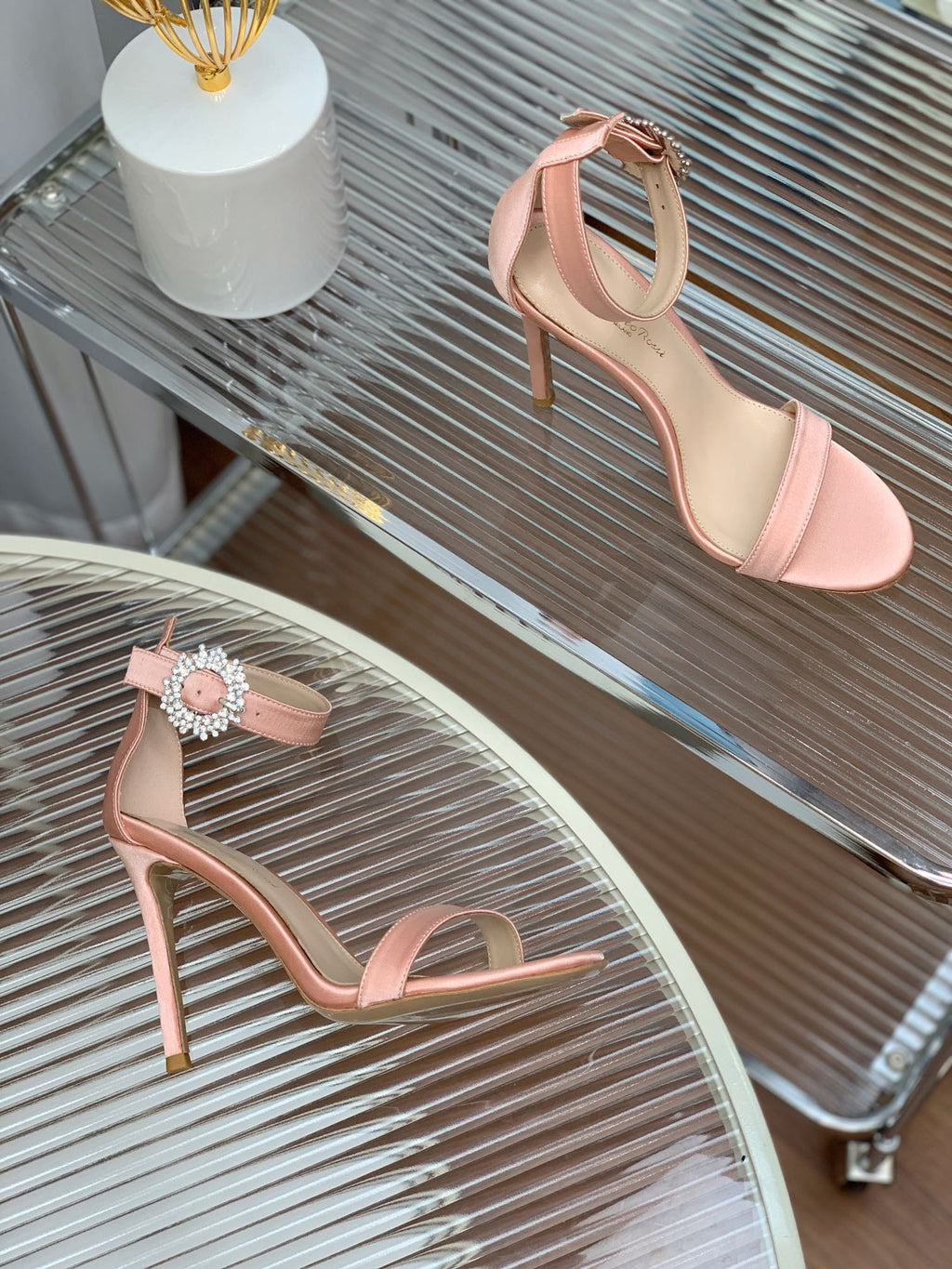 GIANVITO ROSSI 26S HIGH HEEL SANDALS 105 MM IN PASTEL PINK FABRIC WITH CRYSTAL BUCKLE