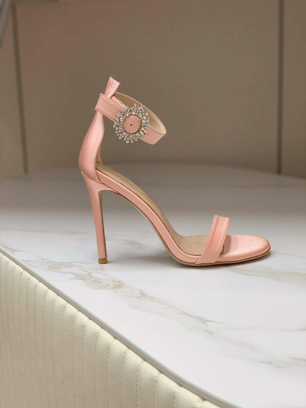 GIANVITO ROSSI 26S HIGH HEEL SANDALS 105 MM IN PASTEL PINK FABRIC WITH CRYSTAL BUCKLE