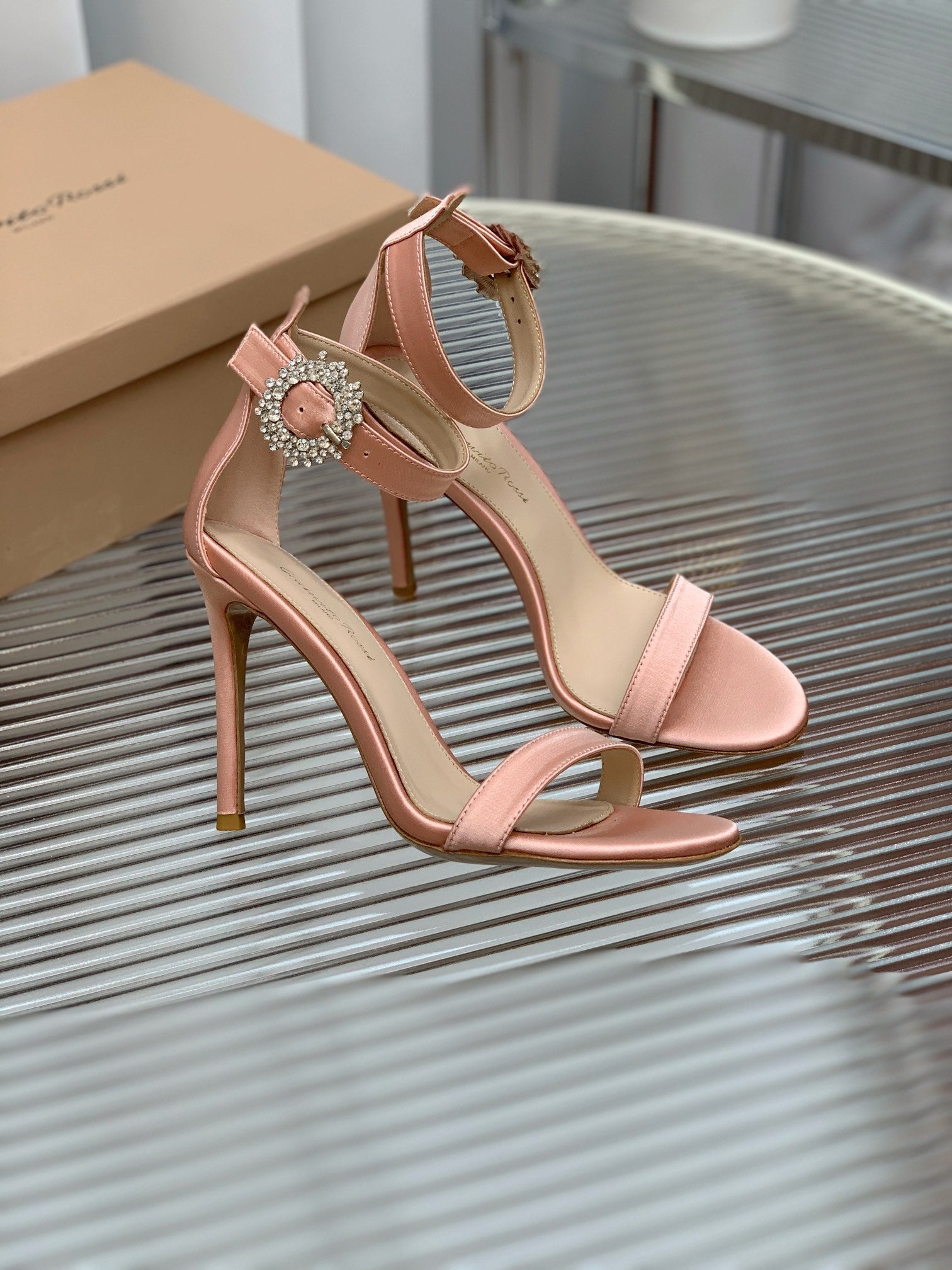 GIANVITO ROSSI 26S HIGH HEEL SANDALS 105 MM IN PASTEL PINK FABRIC WITH CRYSTAL BUCKLE