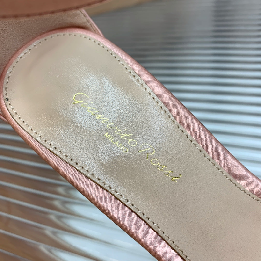 GIANVITO ROSSI 26S HIGH HEEL SANDALS 105 MM IN PASTEL PINK FABRIC WITH CRYSTAL BUCKLE