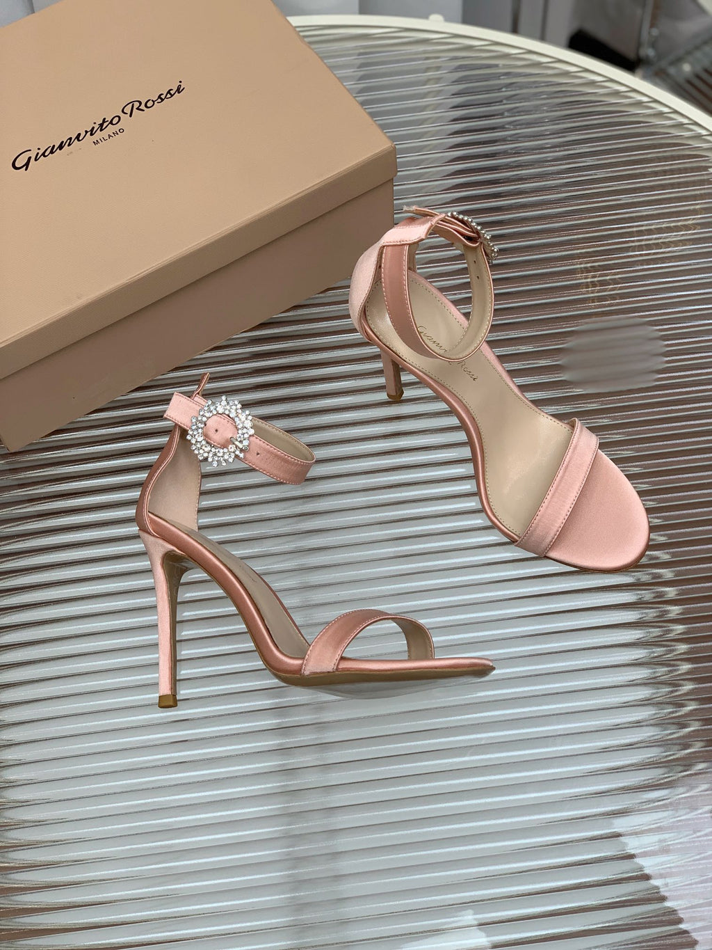 GIANVITO ROSSI 26S HIGH HEEL SANDALS 105 MM IN PASTEL PINK FABRIC WITH CRYSTAL BUCKLE