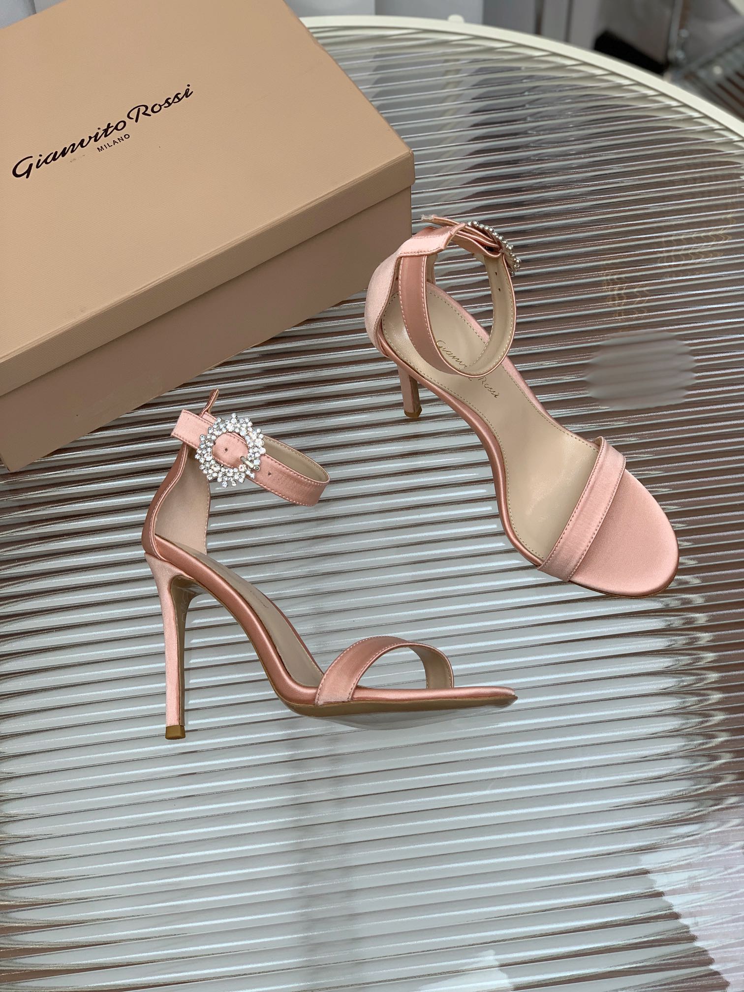 GIANVITO ROSSI 26S HIGH HEEL SANDALS 105 MM IN PASTEL PINK FABRIC WITH CRYSTAL BUCKLE