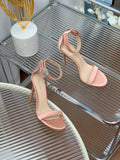 GIANVITO ROSSI 26S HIGH HEEL SANDALS 105 MM IN PASTEL PINK FABRIC WITH CRYSTAL BUCKLE