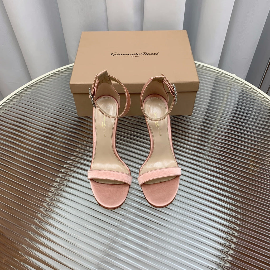 GIANVITO ROSSI 26S HIGH HEEL SANDALS 105 MM IN PASTEL PINK FABRIC WITH CRYSTAL BUCKLE