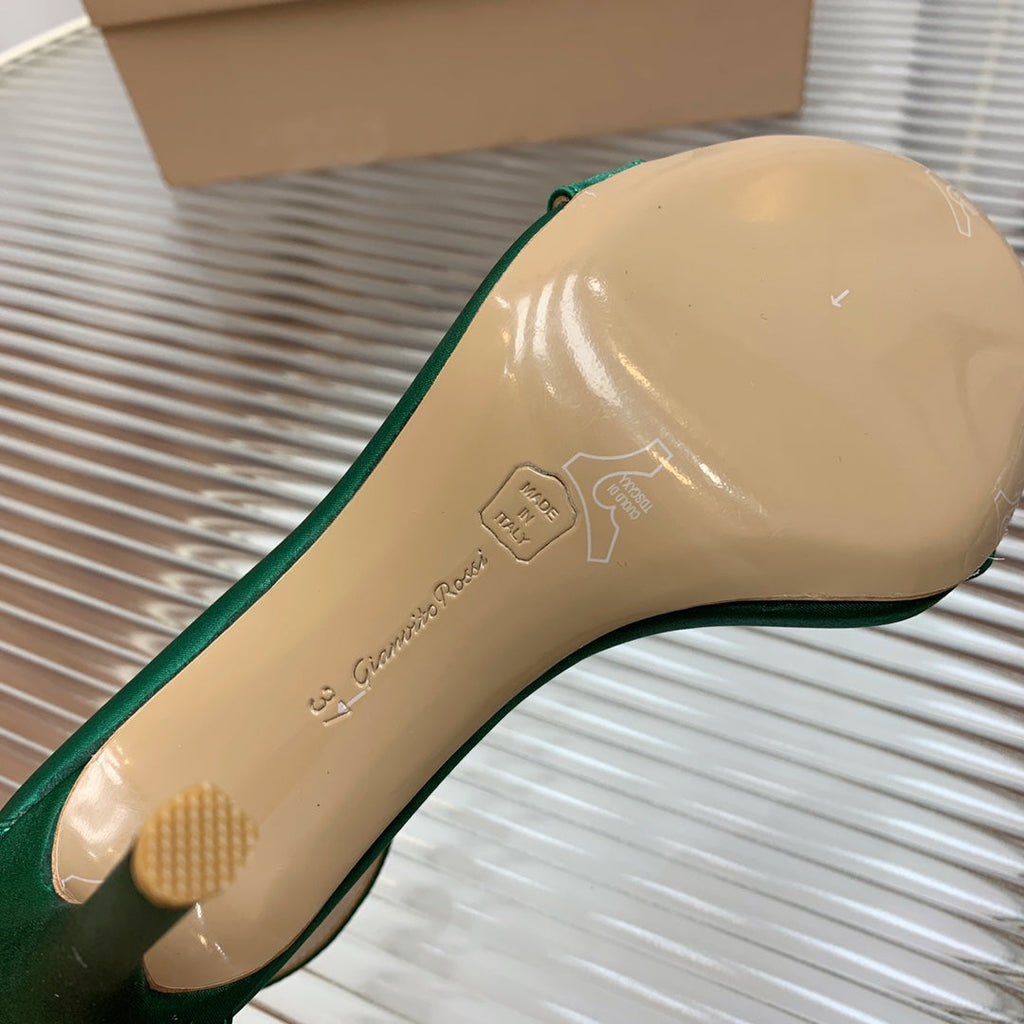GIANVITO ROSSI 26S HIGH HEEL SANDALS 105 MM IN GREEN FABRIC WITH CRYSTAL BUCKLE