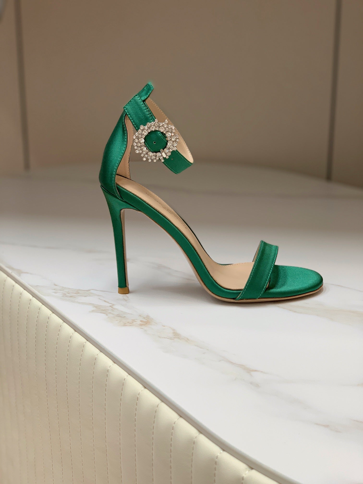 GIANVITO ROSSI 26S HIGH HEEL SANDALS 105 MM IN GREEN FABRIC WITH CRYSTAL BUCKLE