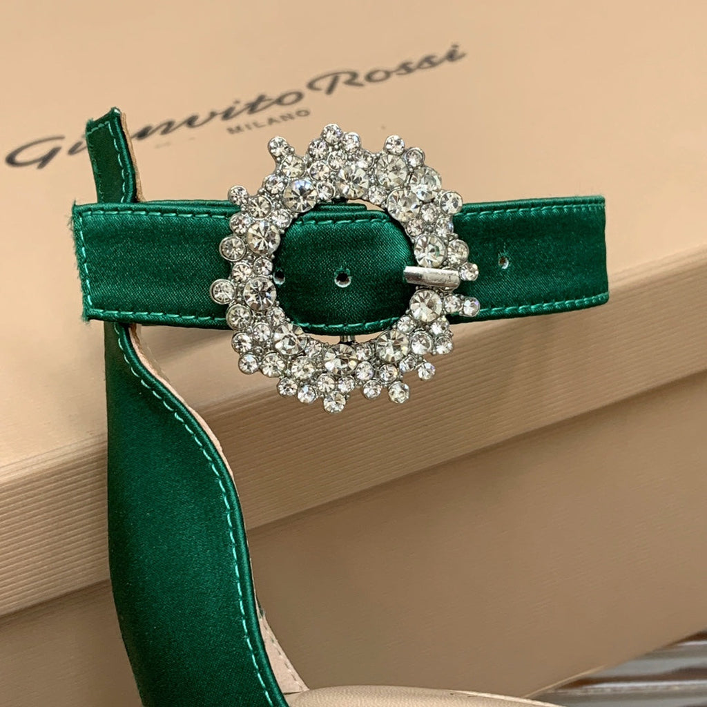 GIANVITO ROSSI 26S HIGH HEEL SANDALS 105 MM IN GREEN FABRIC WITH CRYSTAL BUCKLE