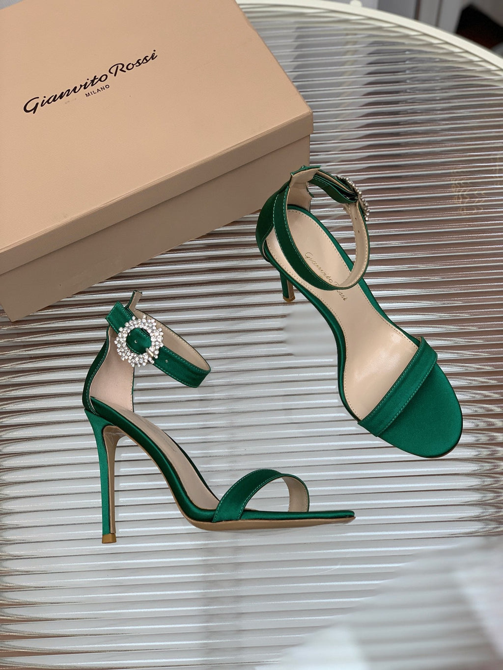 GIANVITO ROSSI 26S HIGH HEEL SANDALS 105 MM IN GREEN FABRIC WITH CRYSTAL BUCKLE
