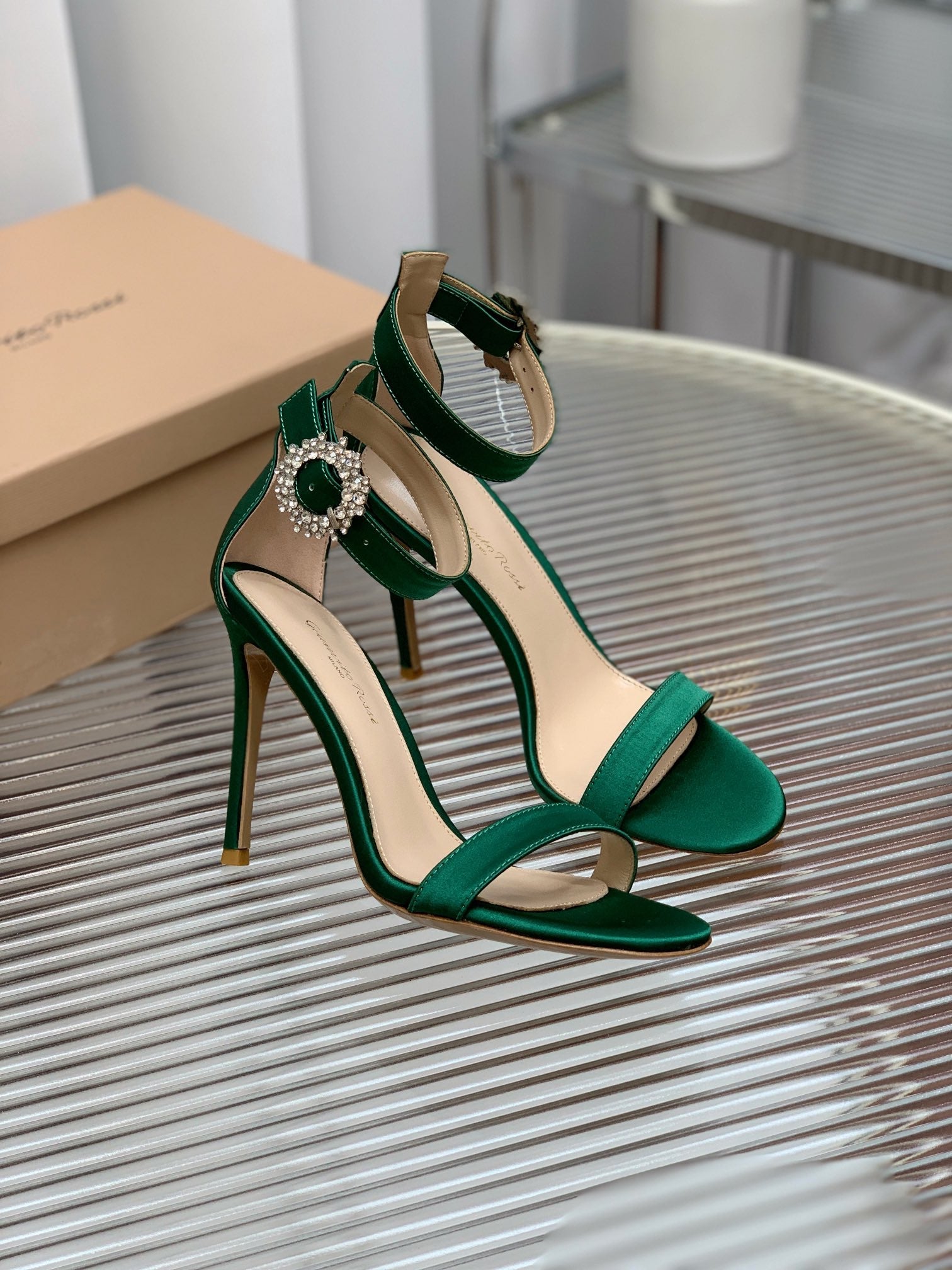 GIANVITO ROSSI 26S HIGH HEEL SANDALS 105 MM IN GREEN FABRIC WITH CRYSTAL BUCKLE