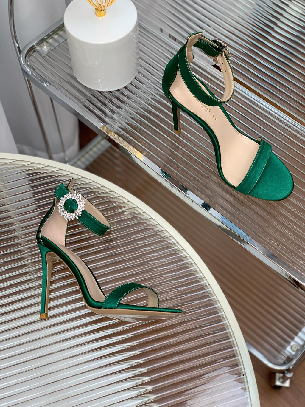 GIANVITO ROSSI 26S HIGH HEEL SANDALS 105 MM IN GREEN FABRIC WITH CRYSTAL BUCKLE