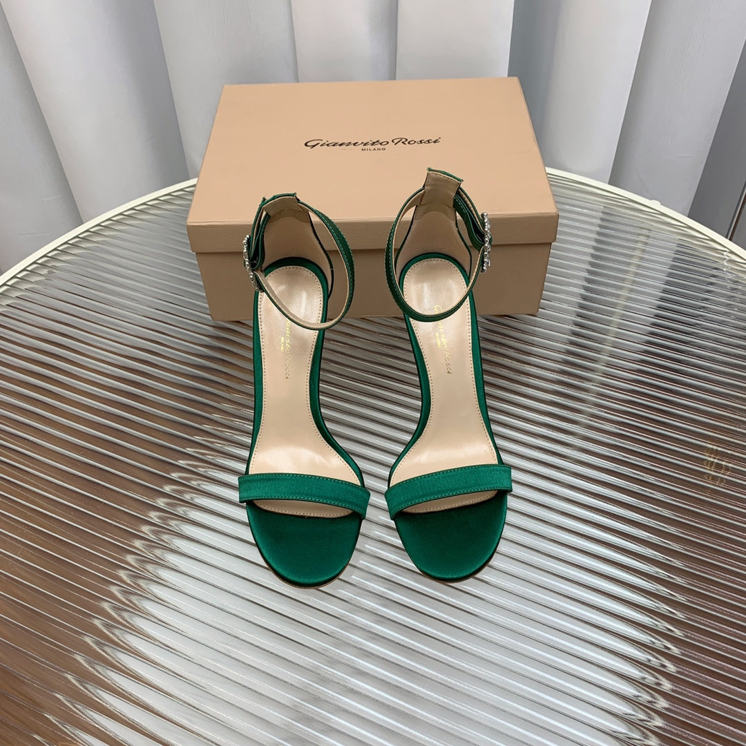 GIANVITO ROSSI 26S HIGH HEEL SANDALS 105 MM IN GREEN FABRIC WITH CRYSTAL BUCKLE
