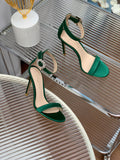 GIANVITO ROSSI 26S HIGH HEEL SANDALS 105 MM IN GREEN FABRIC WITH CRYSTAL BUCKLE