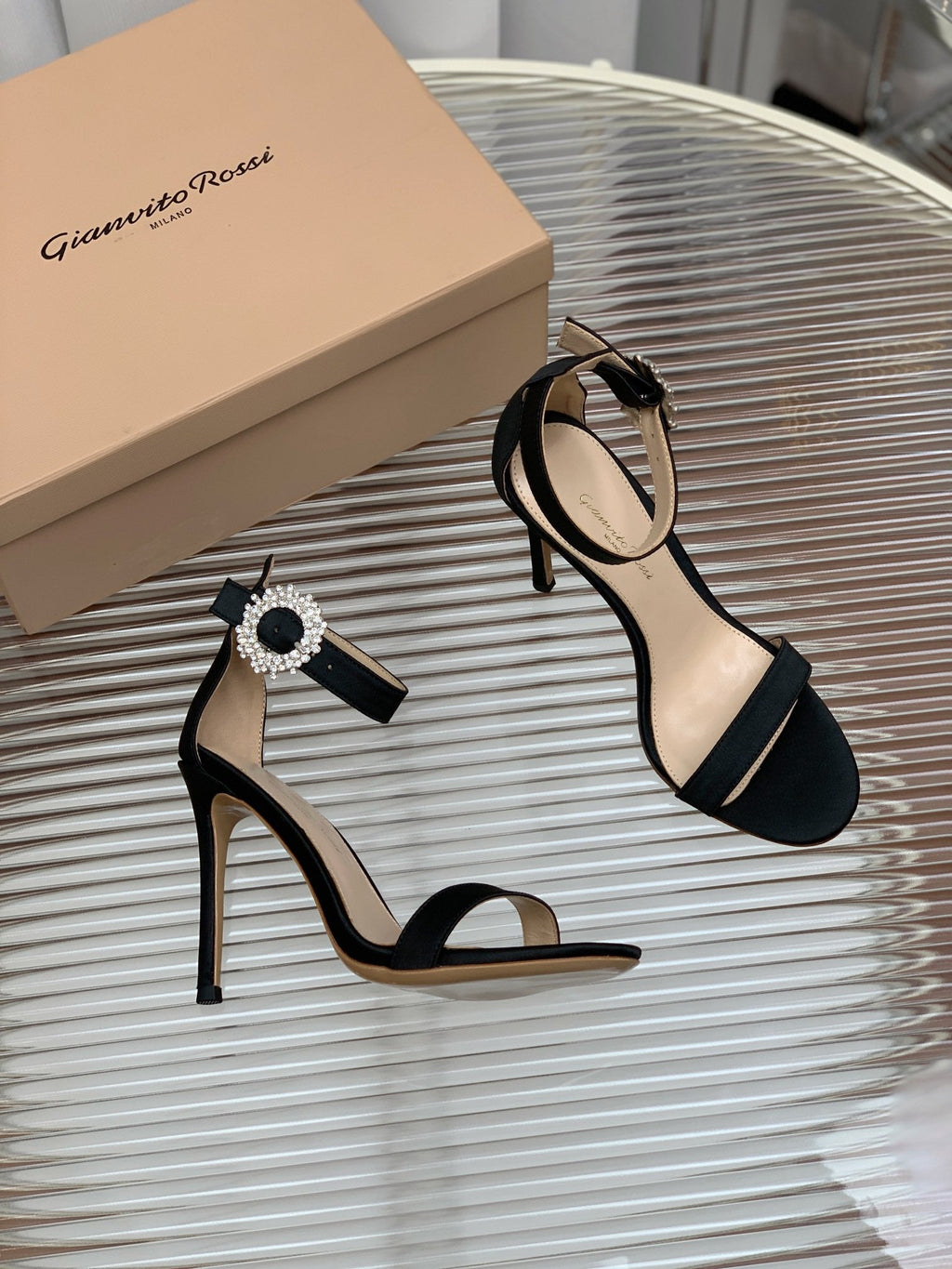GIANVITO ROSSI 26S HIGH HEEL SANDALS 105 MM IN BLACK FABRIC WITH CRYSTAL BUCKLE