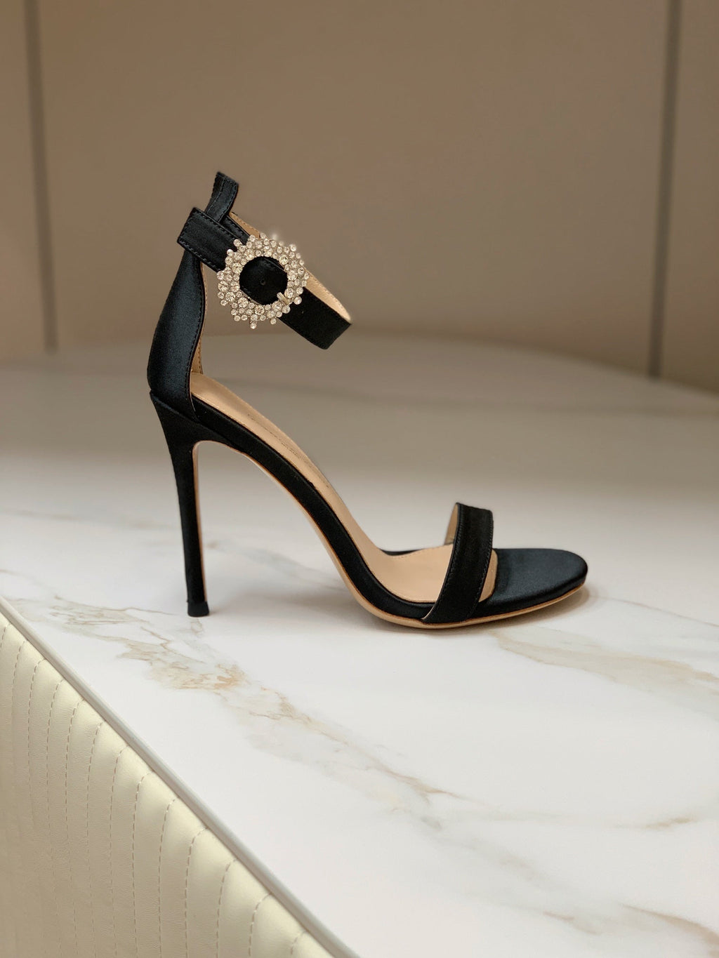 GIANVITO ROSSI 26S HIGH HEEL SANDALS 105 MM IN BLACK FABRIC WITH CRYSTAL BUCKLE