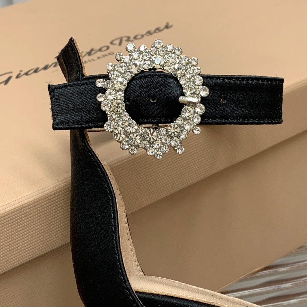 GIANVITO ROSSI 26S HIGH HEEL SANDALS 105 MM IN BLACK FABRIC WITH CRYSTAL BUCKLE