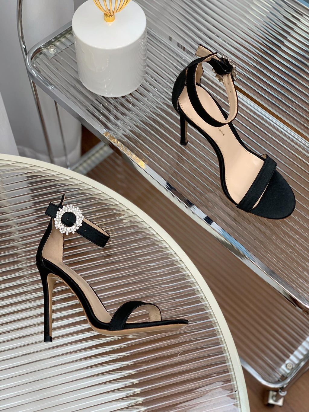 GIANVITO ROSSI 26S HIGH HEEL SANDALS 105 MM IN BLACK FABRIC WITH CRYSTAL BUCKLE