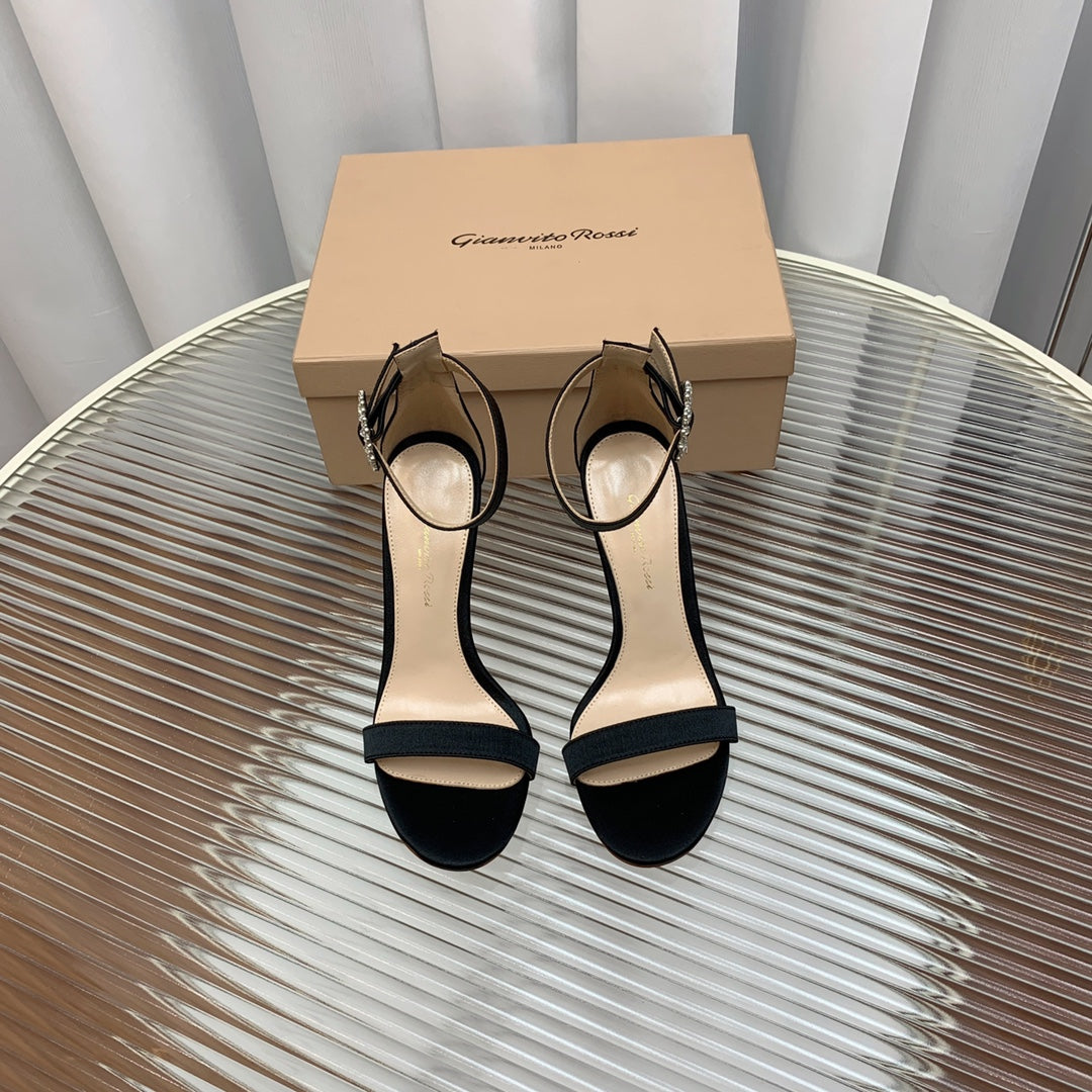 GIANVITO ROSSI 26S HIGH HEEL SANDALS 105 MM IN BLACK FABRIC WITH CRYSTAL BUCKLE
