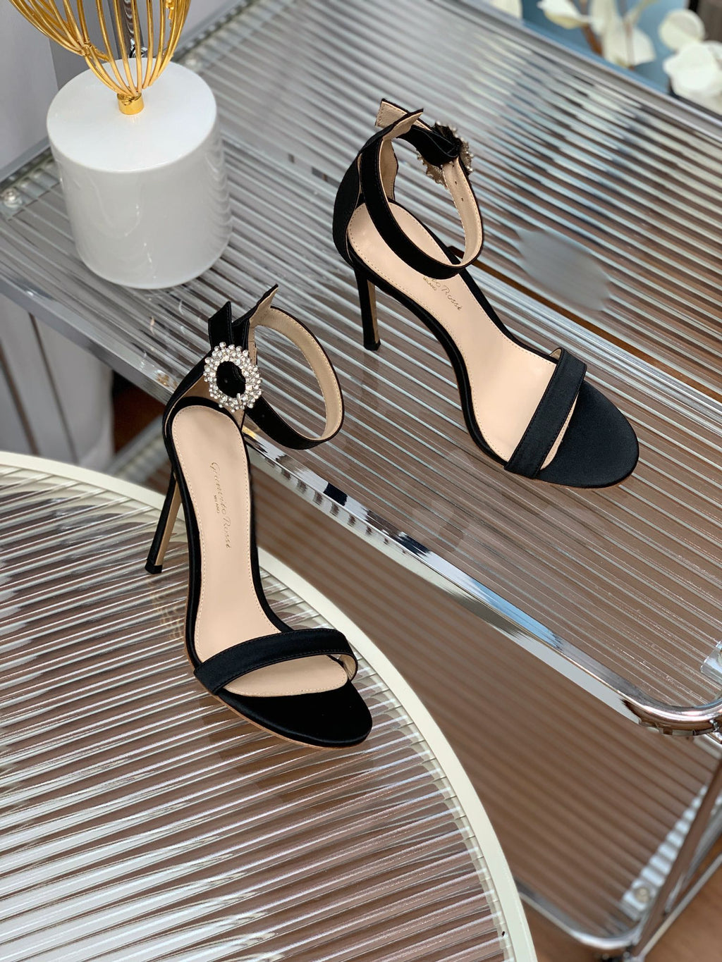 GIANVITO ROSSI 26S HIGH HEEL SANDALS 105 MM IN BLACK FABRIC WITH CRYSTAL BUCKLE
