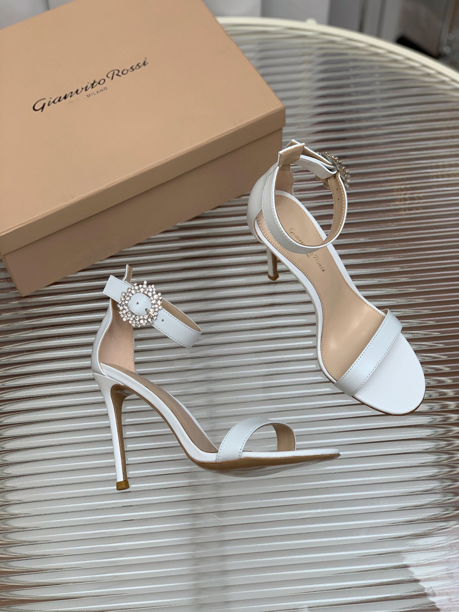 GIANVITO ROSSI 26S HIGH HEEL SANDALS 105 MM IN WHITE LAMBSKIN WITH CRYSTAL BUCKLE