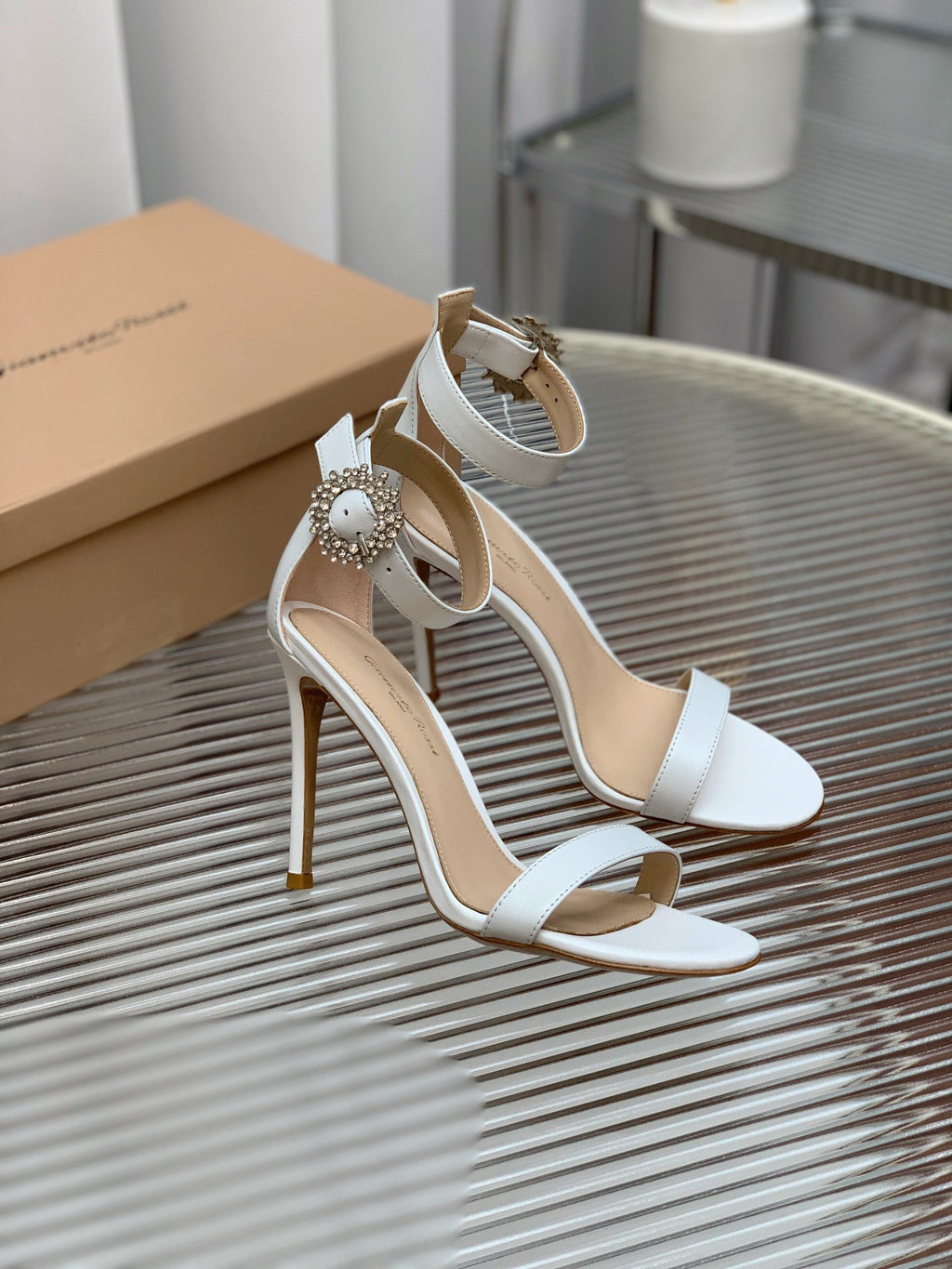 GIANVITO ROSSI 26S HIGH HEEL SANDALS 105 MM IN WHITE LAMBSKIN WITH CRYSTAL BUCKLE