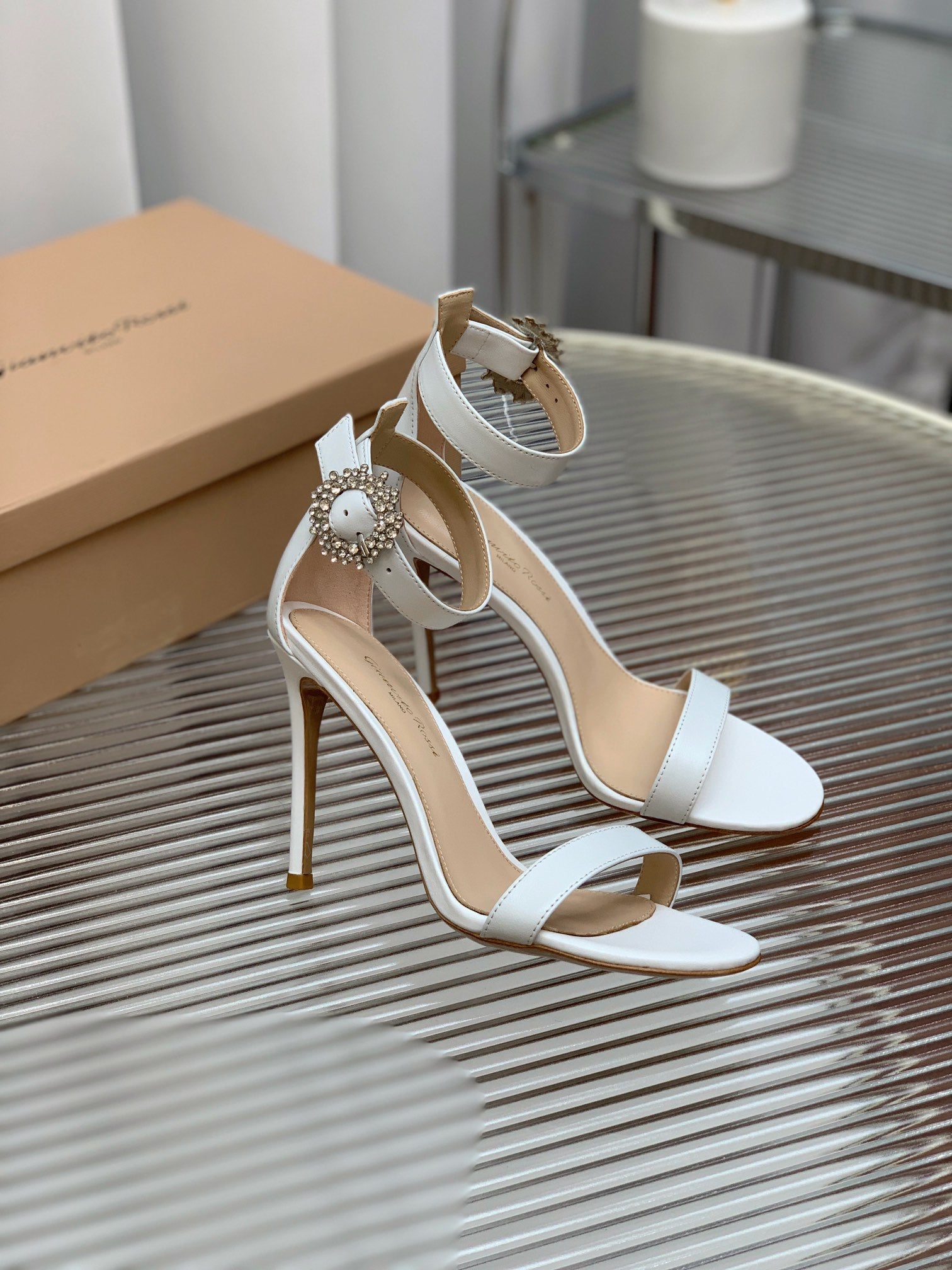 GIANVITO ROSSI 26S HIGH HEEL SANDALS 105 MM IN WHITE LAMBSKIN WITH CRYSTAL BUCKLE