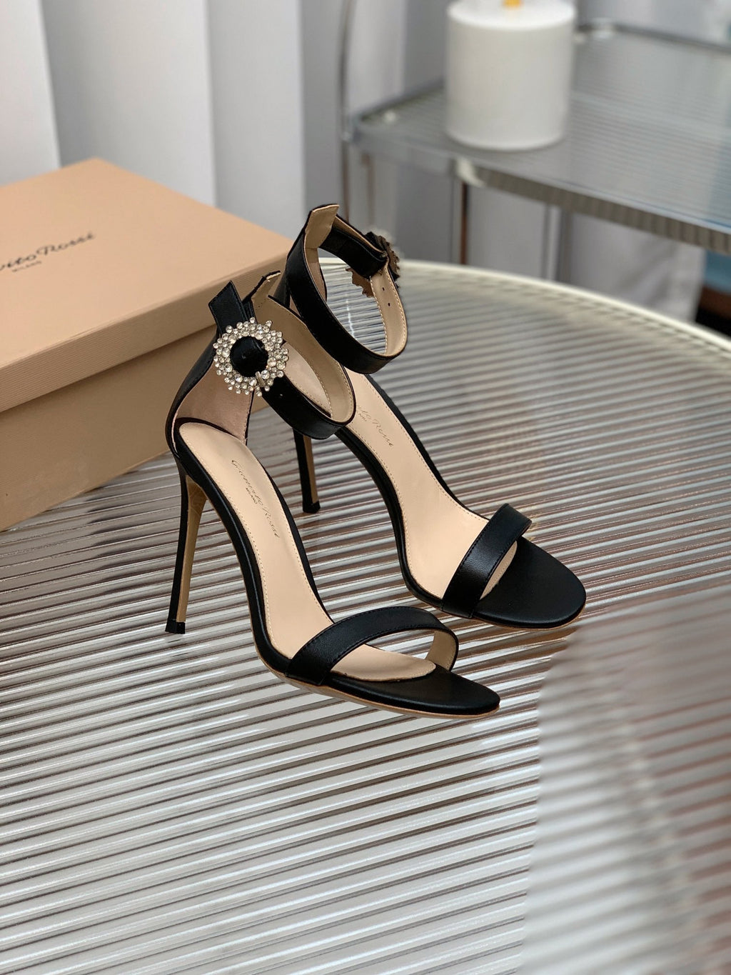 GIANVITO ROSSI 26S HIGH HEEL SANDALS 105 MM IN BLACK LAMBSKIN WITH CRYSTAL BUCKLE
