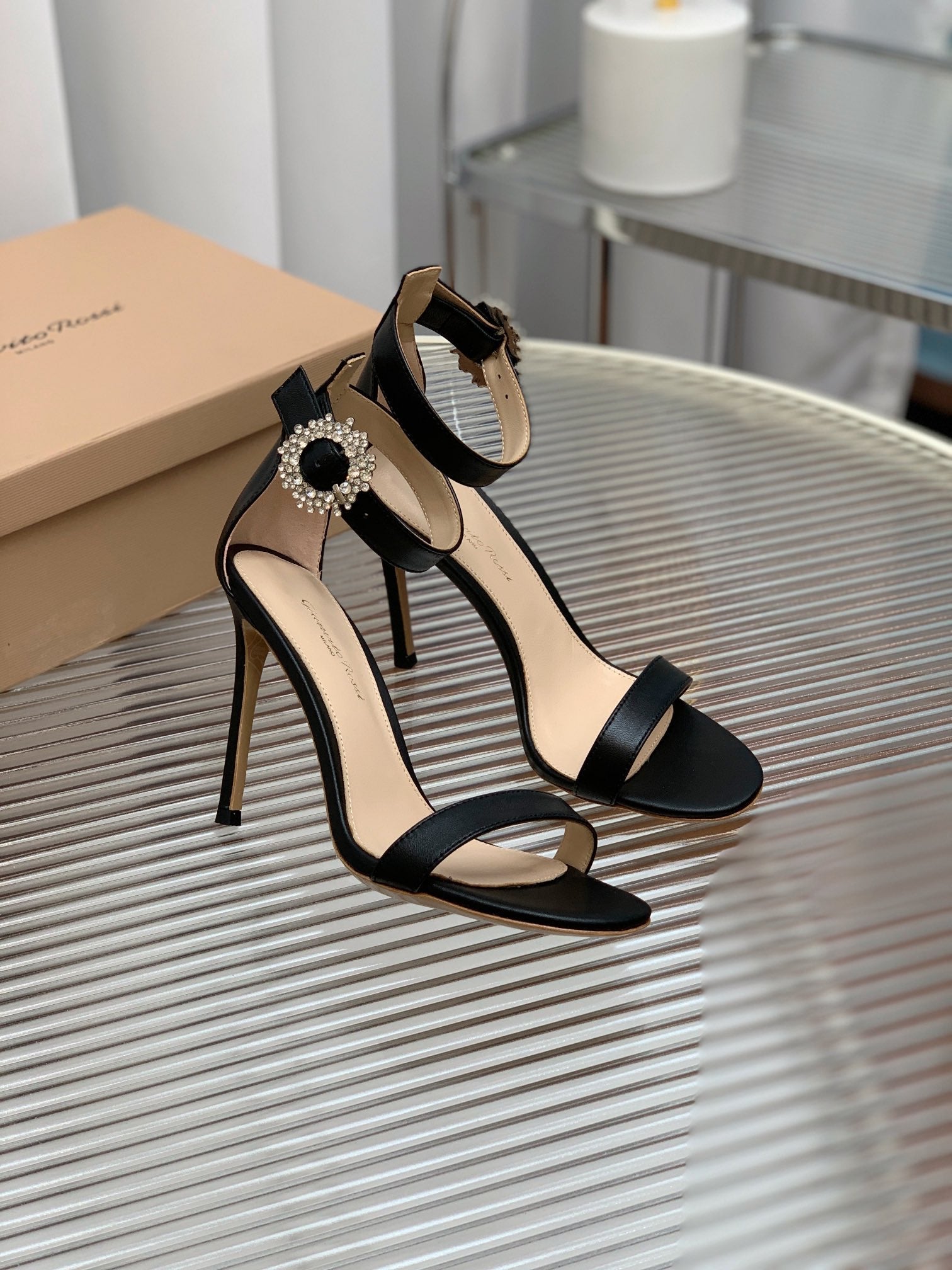 GIANVITO ROSSI 26S HIGH HEEL SANDALS 105 MM IN BLACK LAMBSKIN WITH CRYSTAL BUCKLE