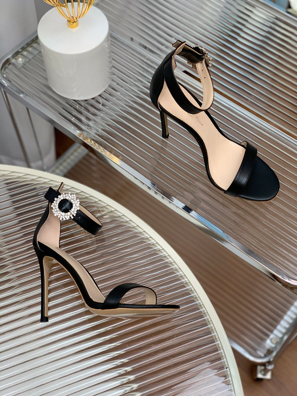 GIANVITO ROSSI 26S HIGH HEEL SANDALS 105 MM IN BLACK LAMBSKIN WITH CRYSTAL BUCKLE