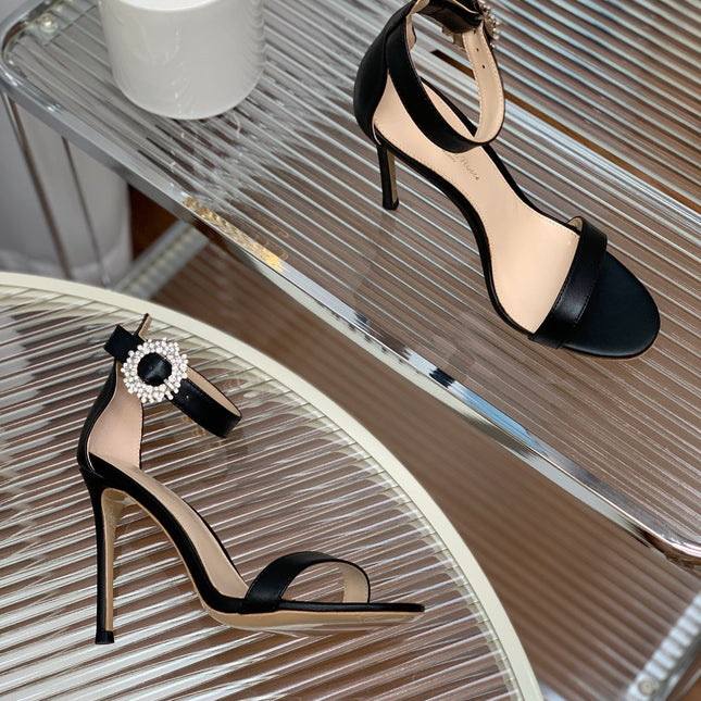 GIANVITO ROSSI 26S HIGH HEEL SANDALS 105 MM IN BLACK LAMBSKIN WITH CRYSTAL BUCKLE